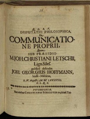 Disputatio Philosophica, De Communicatione Proprii