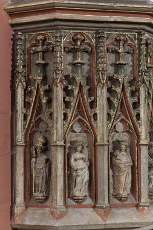 Kanzelkorb mit 9 Heiligenfiguren — Heiliger Kilian, Heilige Katharina und Madonna