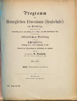 Programm der Herzoglichen Realschule (Ernestinum) zu Coburg : als Einladung zu der öffentlichen Prüfung und Schlußfeier am ..., 1878/79