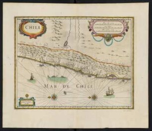 Karte von Chile, ca. 1:5 300 000, kolorierter Kupferstich, 1645 : Chili / Ioannes Ianssonius excudit. - [Ca. 1:5.300.000]. - Amstelodami//Amsterdam : Ioannes Ianssonius, [1645]. - 1 Kt : Kupferst ; 35 x 46 cm. - Maßstab in graph. Form (Milliaria Gallica communia, Leucae Hispanicae, Milliaria Germanica communia communia). - E oben