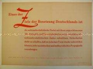Maueranschlag mit Zitat aus der Erklärung der Alliierten zur Potsdamer Konferenz: Über die Zerschlagung der NSDAP