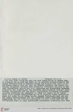 Briefe von und an Ulrich und Ulrike von Wilamowitz-Moellendorff ("2. Abschrift"): Brief von Otto Lüders an Ulrike von Wilamowitz-Moellendorff
