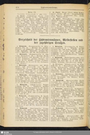 Verzeichnis der Hydrantenmänner, Meldestellen und der zugehörigen Straßen
