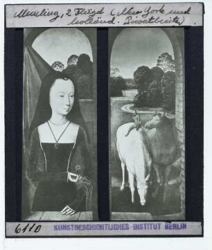 Memling, Diptychon mit Allegorie der wahren Liebe (Linker Flügel: New York MMA 49.7.23; Rechter Flügel: Rotterdamm Boijmans) : Linker Flügel: Frau mit Blume; Rechter Flügel: Zwei Pferde in einer Landschaft