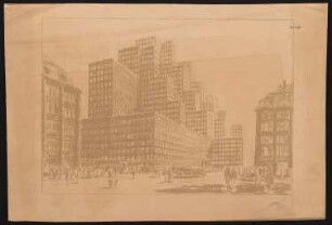 Messehaus, Hamburg Vorschlag B: Perspektivische Ansicht aus der Langen Mührenstraße (von Inv.Nr. 3298)