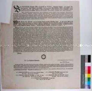 Die Herren und Grafen zu Reuß verkünden das von Kaiser Franz II. am 19. Dezember 1792 in Wien erlassene Verbot, in französische Kriegsdienste zu treten. O.O., 4. Februar 1793.
