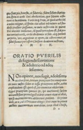 Oratio Puerilis de fugienda scortatione & adulterio ad adolescentes.