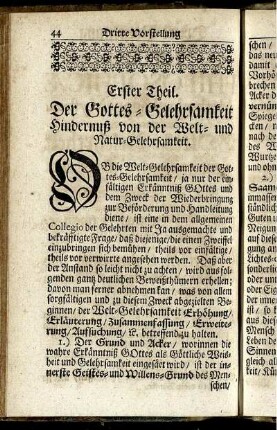 Erster Theil. Der Gottes-Gelehrsamkeit Hindernuß von der Welt- und Natur-Gelehrsamkeit.