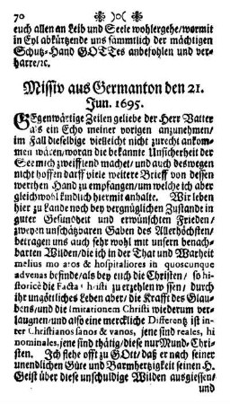 Missiv aus Germanton den 21. Jun. 1695.