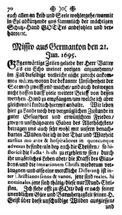 Missiv aus Germanton den 21. Jun. 1695.