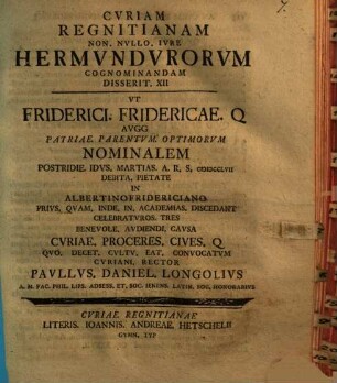 Cvriam Regnitianam Non. Nvllo. Ivre Hermvndvrorvm Cognominandam Disserit ..., 12