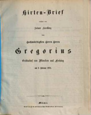 Hirtenbrief. 1871, 6. Febr.