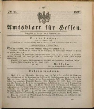 № 64. Ausgegeben zu Cassel am 3. September 1867.