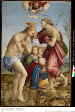 Polyptychon mit Taufe Christi, thronender Madonna und Benediktinerheiligen, Taufe Christi
