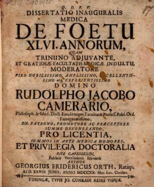 Dissertatio Inauguralis Medica De Foetu XLVI. Annorum