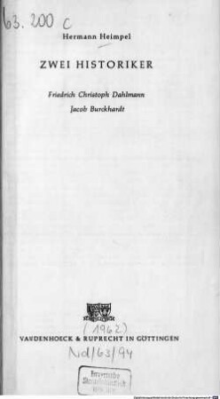 Zwei Historiker : Friedrich Christoph Dahlmann, Jacob Burckhardt