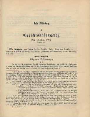 I. Gerichtskostengesetz. Vom 18. Juni 1878.