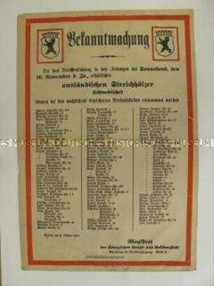 Maueranschlag zum Verkauf ausländischer Streichhölzer