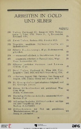 Arbeiten in Gold und Silber (N. 270-291)