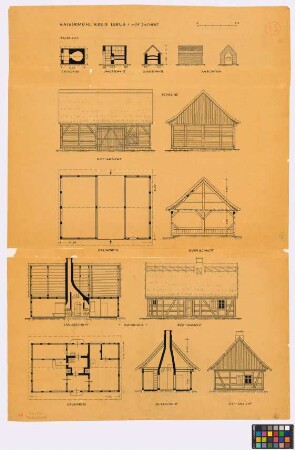 Kaisermühl (Kreis Lebus): Hof Zachert. - Backhaus (Grundriss, Ansichten, Schnitte). - Scheune (Grundriss, Hofansicht, Querschnitt). - Wohnhaus (Grundriss, Ansichten, Schnitte)