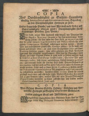 Copia Von Gottes Gnaden Sybilla Hedwig/ Gebohrne und Verwittibte Hertzogin zu Sachsen ...