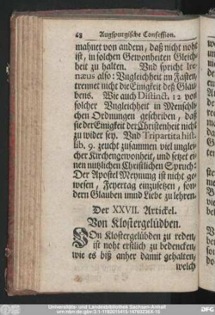 Der XXVII. Artickel. Von Klostergelübden.
