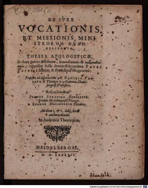 De iure vocationis et missionis ministrorum evangel. theses apologet.