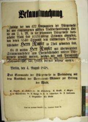 Bekanntmachung über die Wahl des Oberbefehlshabers der Bürgerwehr Otto Rimpler