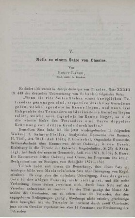 V. Notiz zu einem Satze von Chasles.
