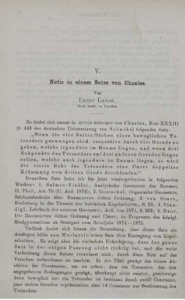 V. Notiz zu einem Satze von Chasles.