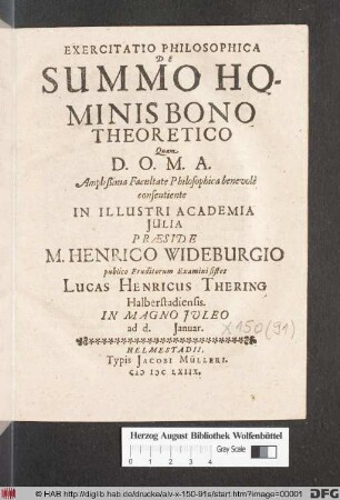 Exercitatio Philosophica De Summo Hominis Bono Theoretico
