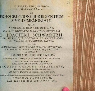 Dissertatio juridica inauguralis de praescriptione juris gentium sive immemoriali