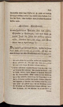 Eilfter Abschnitt. Unmaßgebliches Bedenken über das dessein, Schweden zu Bekriegen, und was mann zu solchen Zweck bey Zeiten vor messures nehmen müste. [...]