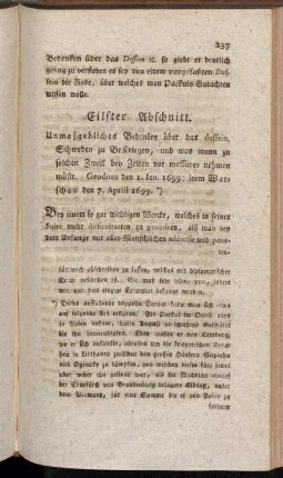 Eilfter Abschnitt. Unmaßgebliches Bedenken über das dessein, Schweden zu Bekriegen, und was mann zu solchen Zweck bey Zeiten vor messures nehmen müste. [...]
