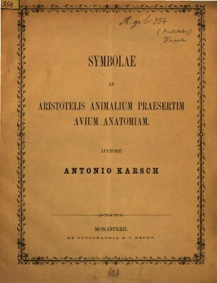 Symbolae ad Aristotelis animalium, praesertim avium anatomiam : commentatio zoologica