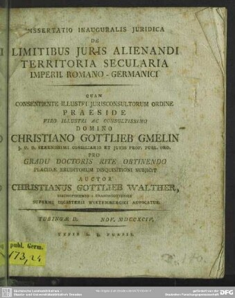 Dissertatio Inauguralis Iuridica De Limitibus Iuris Alienandi Territoria Secularia Imperii Romano-Germanici
