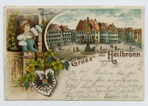 "Gruss aus Heilbronn" - Käthchen mit Brieftaube, Stadtwappen, Marktplatz, Rathaus, Robert-Mayer-Denkmal