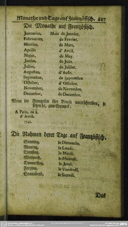 Die Monathe auf Frantzösisch