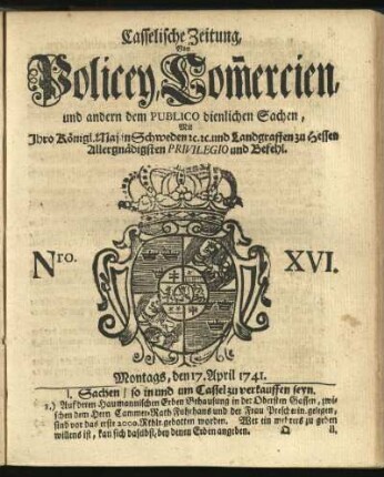 Nro. XVI, Montags, den 17. April 1741