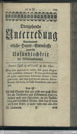 Dreyzehende Unterredung Beantwortend etlicher Haupt-Einwürffe gegen die Unsündlichkeit der Wiedergebohrnen