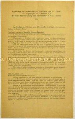 Flugschrift der Südamerikanischen Kolonial-Vereinigung mit Erfahrungsberichten von in Argentinien lebenden Deutschen