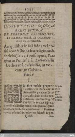 Dissertatio Nona Eaque Ultima. De Personis Credentibus, Et Illarum Inter Se Communione Ac Divisione