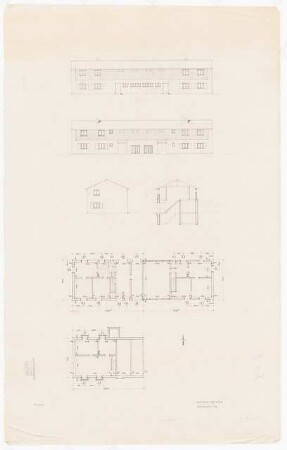Siedlung Hinrichssegen, Bruckmühl Mehrfamilienwohnhaus: Grundrisse, Aufrisse, Schnitt eines Mehrfamilienwohnhauses 1:100