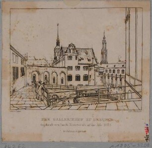 Der Stallhof in Dresden, Blick vom Aufgang zum Johanneum nach Westen auf Kanzleihaus und Langen Gang, Ankauf des Sächsischen Kunstvereins im Jahr 1835