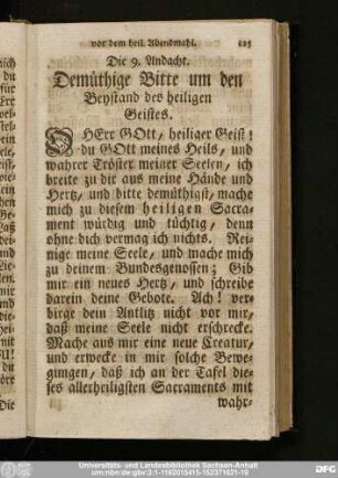 Die 9. Andacht. Demüthige Bitte um den Beystand des heiligen Geistes.