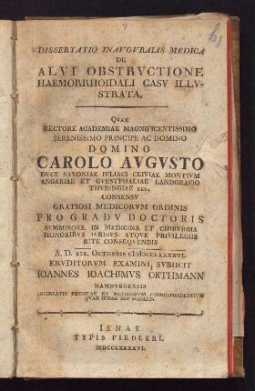 Dissertatio Inavgvralis Medica De Alvi Obstrvctione Haemorrhoidali Casv Illvstrata