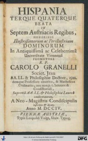 Hispania Terque Quaterque Beata in Septem Austriacis Regibus
