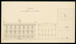 Zeughaus Monatskonkurrenz Juli 1831: Grundriss Erdgeschoss, 1. und 2. Obergeschoss, Aufriss Hauptansicht, Querschnitt; Maßstabsleiste