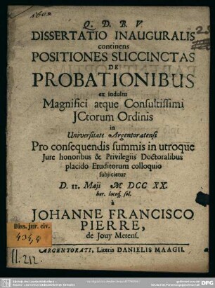 Dissertatio Inauguralis continens Positiones Succinctas De Probationibus