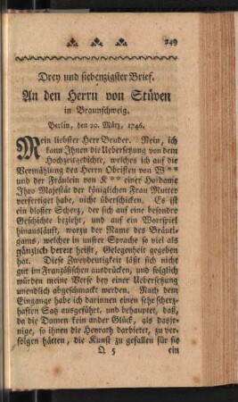 Drey und siebenzigster Brief. An den Herrn von Stüven in Braunschweig